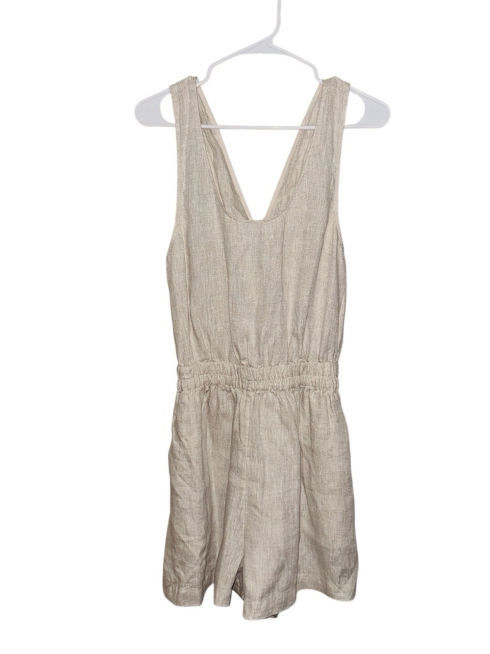NEW OYSHO Casual Sleeveless Cross Back Linen Cream Stretchy Waist Pocket Romper - Picture 3 of 12